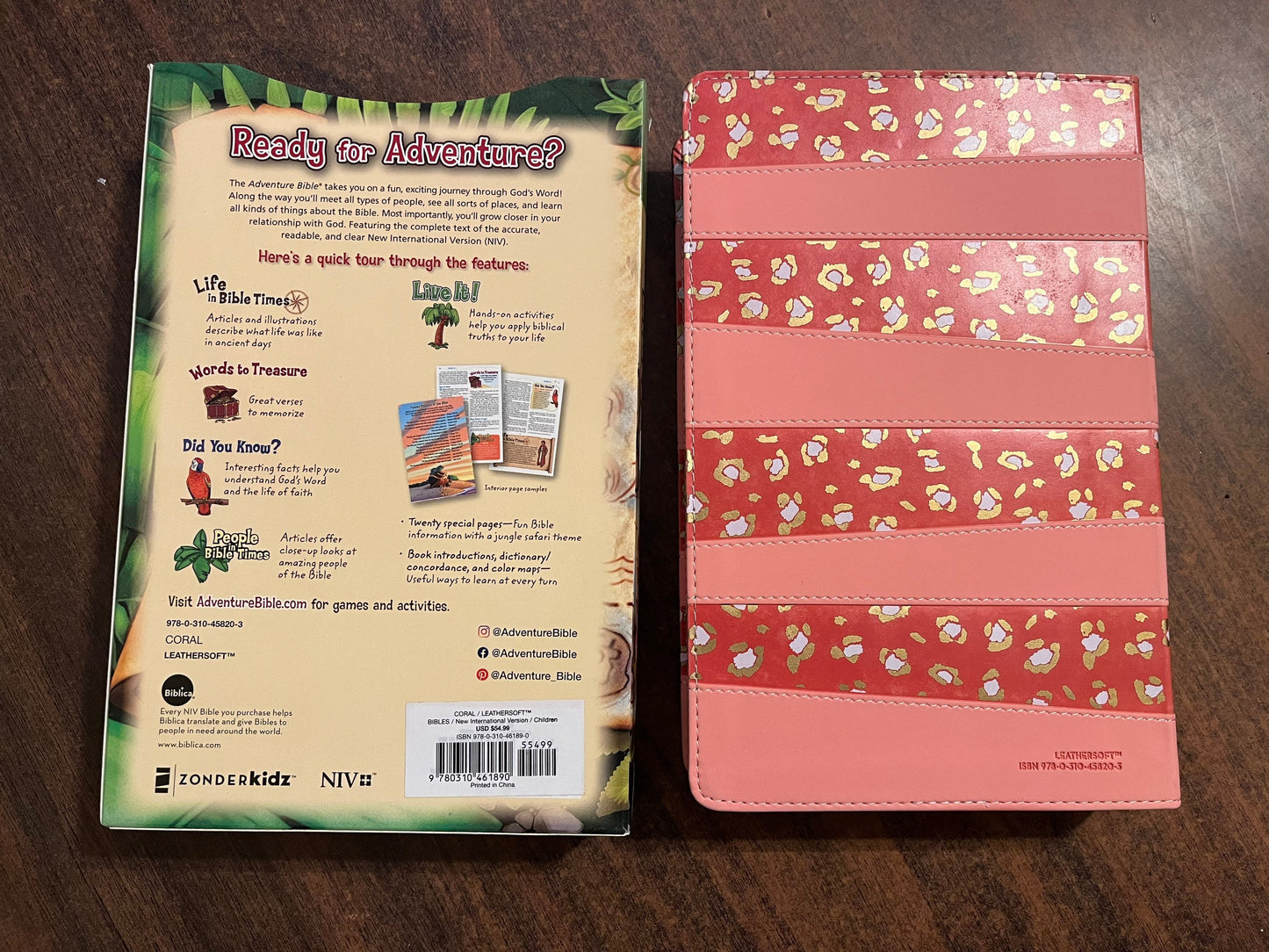 Personalized NIV Adventure Bible Thumb Indexed - Coral LeatherSoft - Custom Imprinted with name, kids study bible, 9780310461890