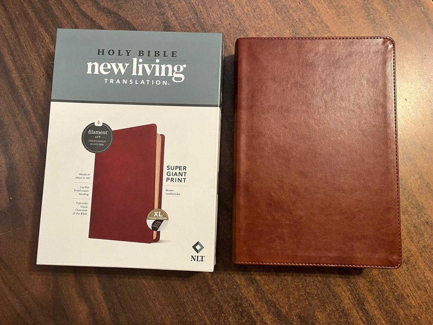 Personalized NLT Super Giant Print Bible Thumb Indexed - Brown LeatherLike Custom Imprinted with name, ISBN 9781496458124
