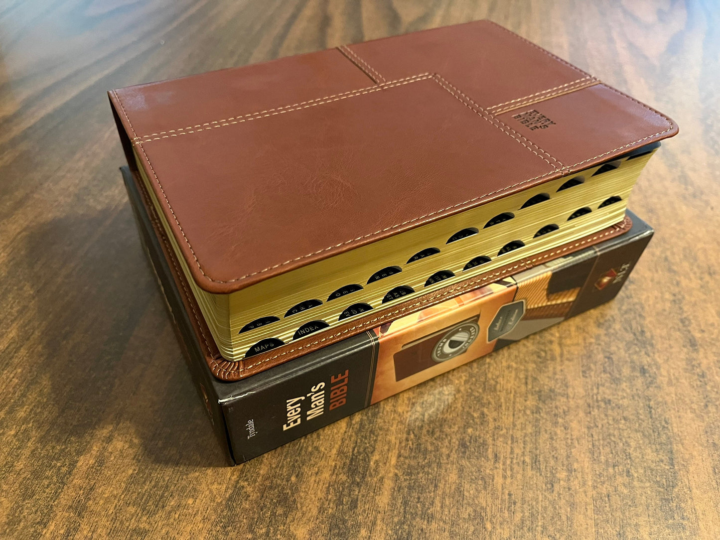 Personalized NLT Every Mans Devotional Bible Thumb Indexed - Brown LeatherLike - Custom Imprinted, name engraved bible, 9781496433596