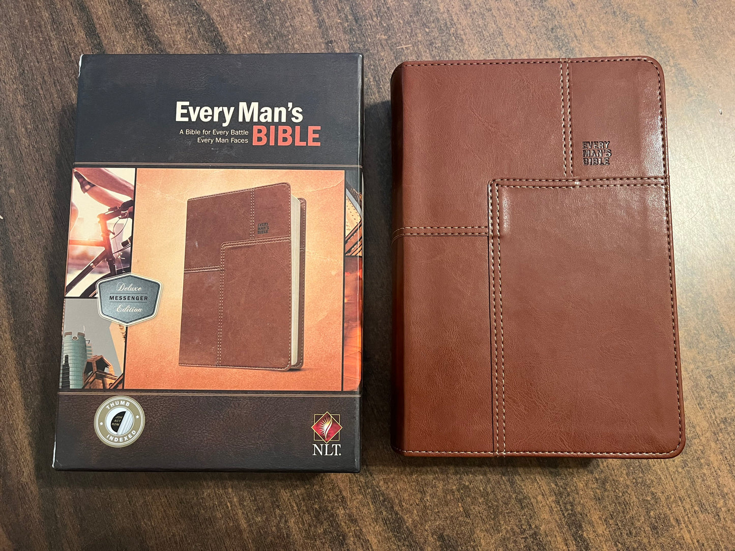Personalized NLT Every Mans Devotional Bible Thumb Indexed - Brown LeatherLike - Custom Imprinted, name engraved bible, 9781496433596