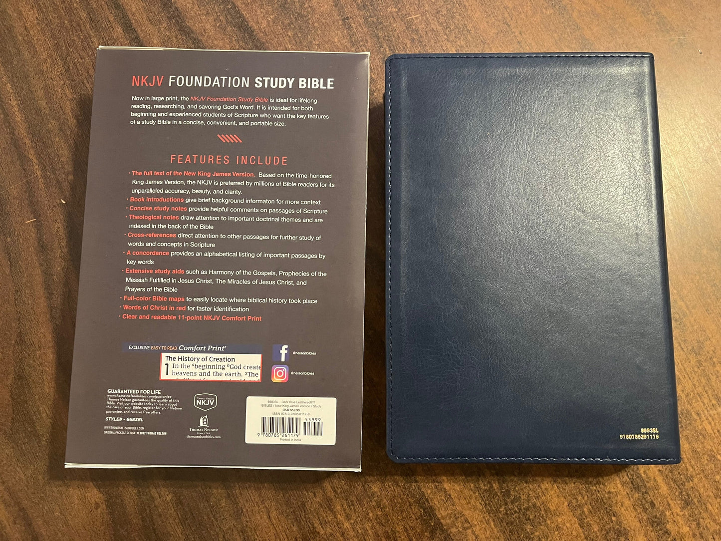 Personalized NKJV Large Print Foundation Study Bible - Dark Blue LeatherSoft, Custom Imprinted with name, 11 pt font