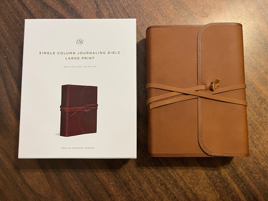 Personalized ESV Single Column Journaling Bible Large Print - Brown Natural Genuine Leather with Flap Strap, ISBN 9781433553165, 16spaces