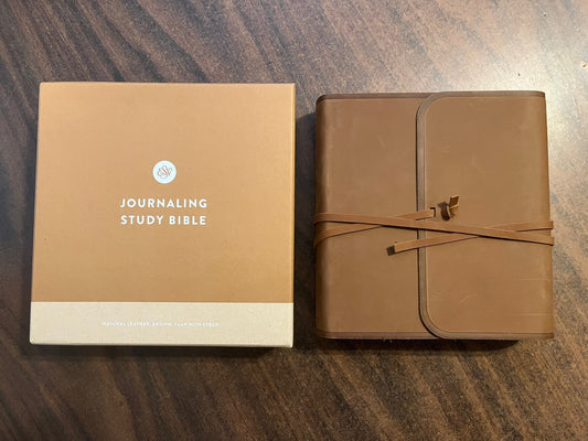 Personalized ESV Journaling Study Bible - Brown Natural Genuine Leather, Flap with Tie Strap, Custom Imprinted with name ISBN 9781433590467, 16spaces