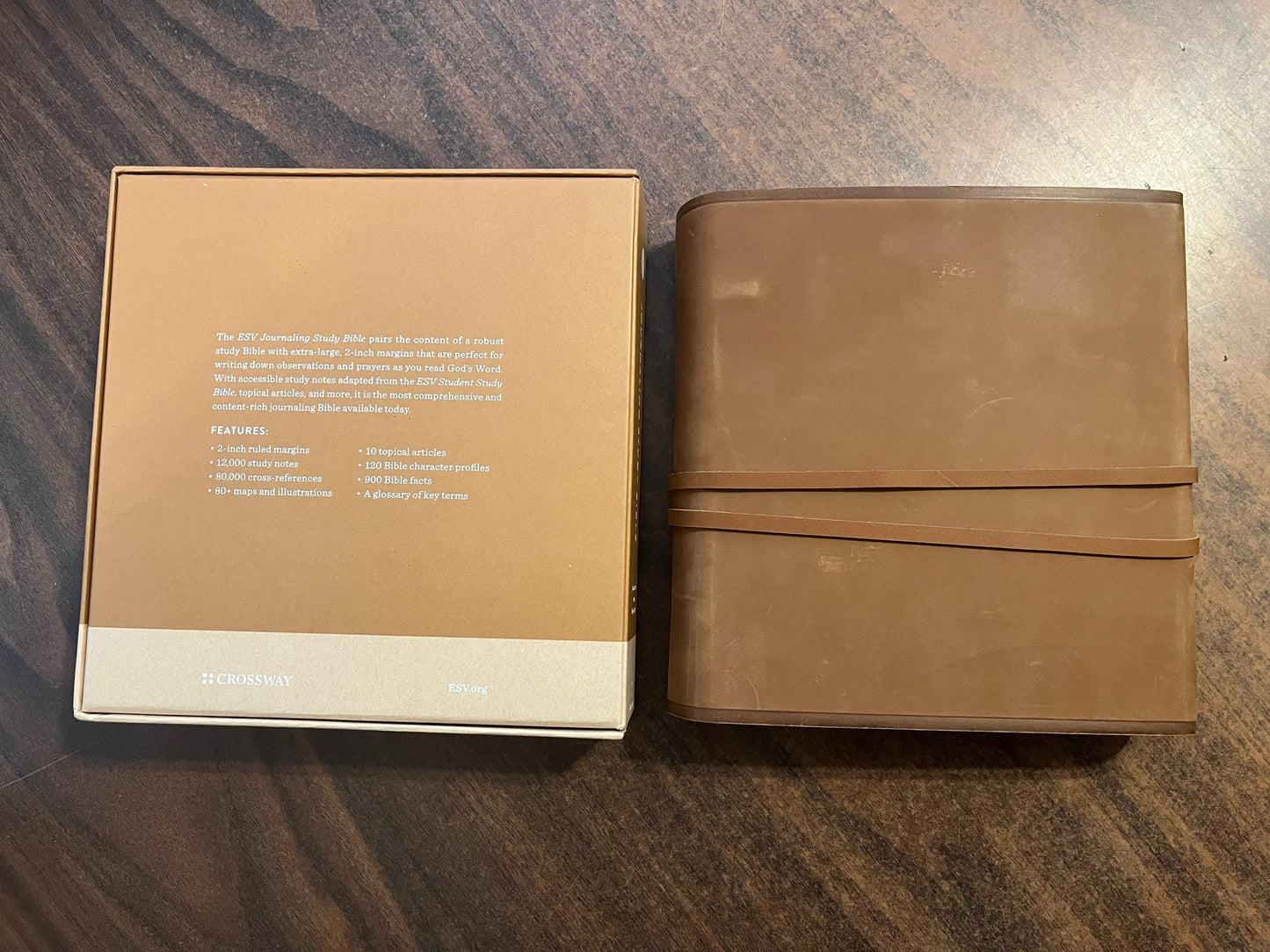 Personalized ESV Journaling Study Bible - Brown Natural Genuine Leather, Flap with Tie Strap, Custom Imprinted with name ISBN 9781433590467, 16spaces