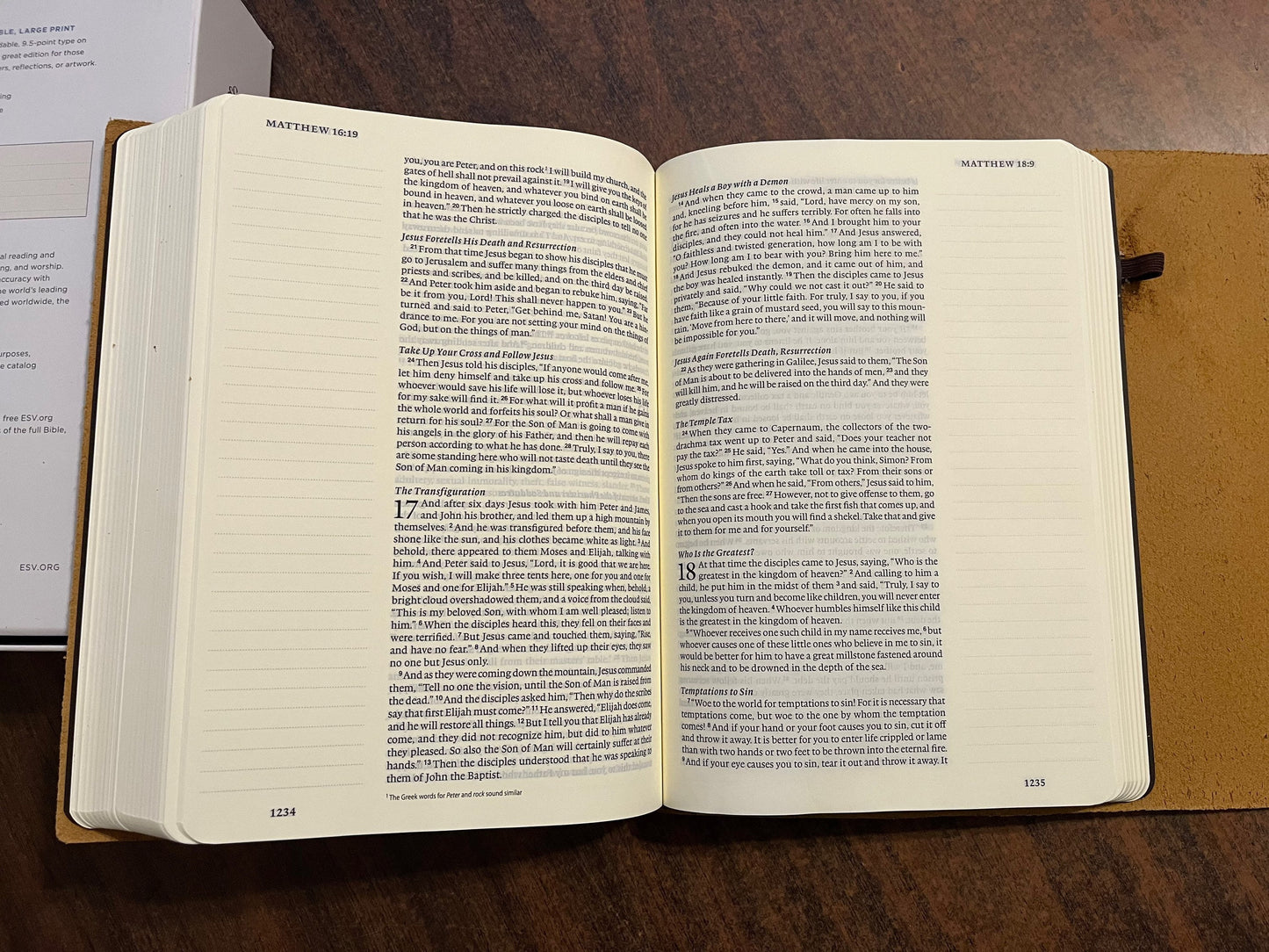 Personalized ESV Single Column Journaling Bible Large Print - Brown Natural Genuine Leather with Flap Strap, ISBN 9781433553165, 16spaces