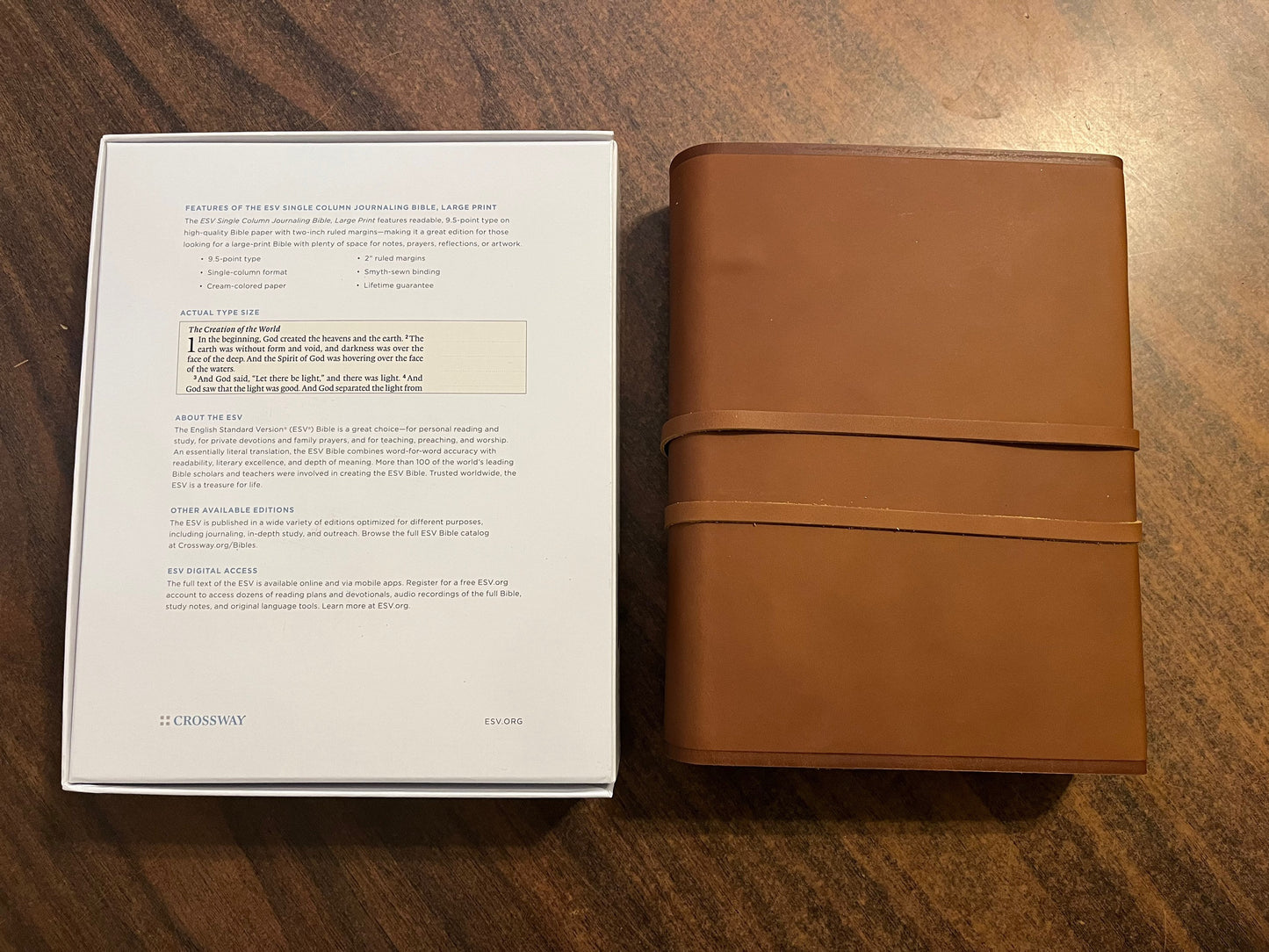 Personalized ESV Single Column Journaling Bible Large Print - Brown Natural Genuine Leather with Flap Strap, ISBN 9781433553165, 16spaces