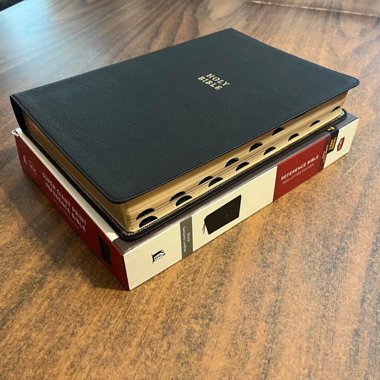 Personalized NKJV Super Giant Print Reference Bible Thumb Indexed - Black Genuine Leather - Custom Imprinted with name on front cover 9781400331482