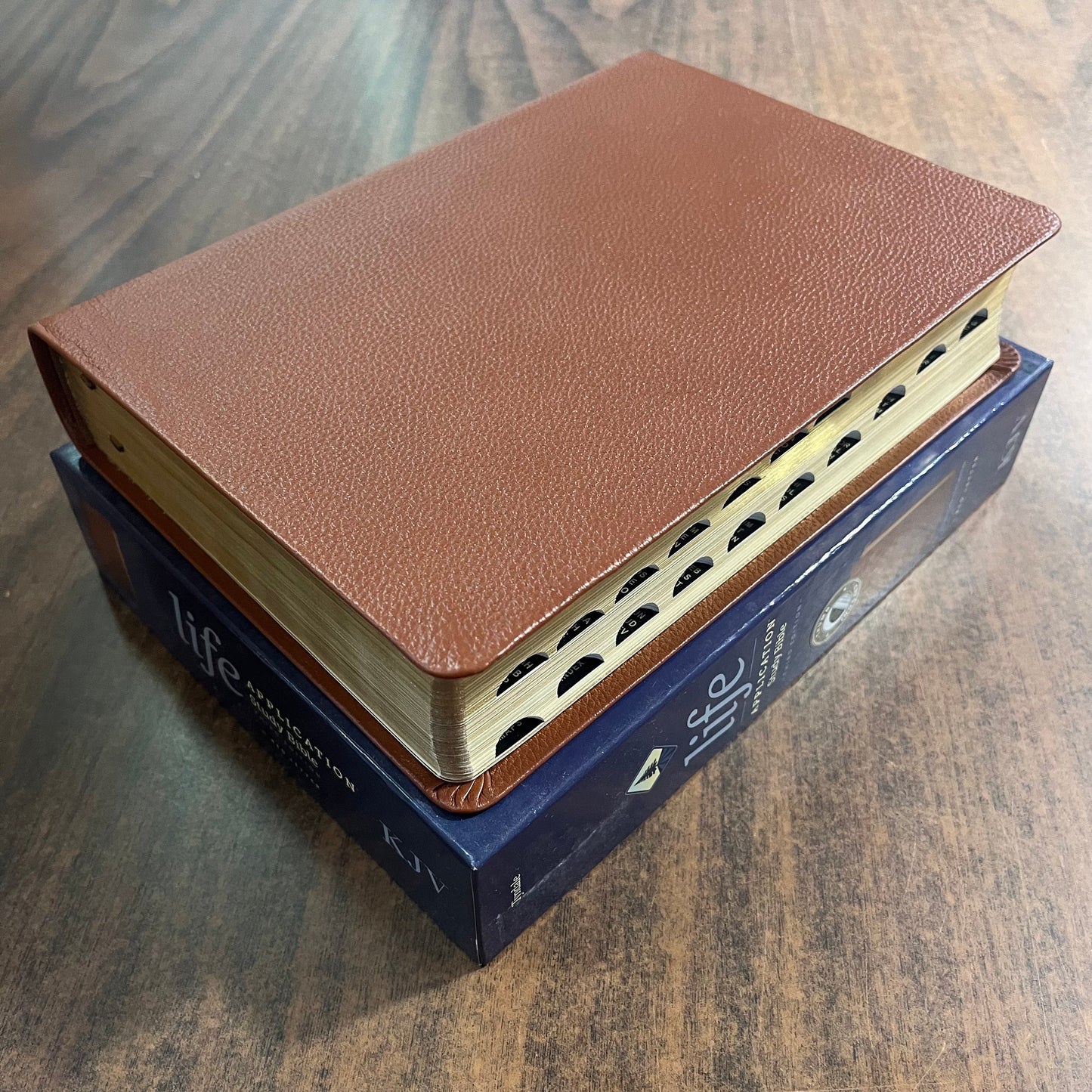 Personalized KJV Life Application Study Bible Thumb Indexed - Brown Genuine Leather - Custom Imprinted with name engraved 9781496477354