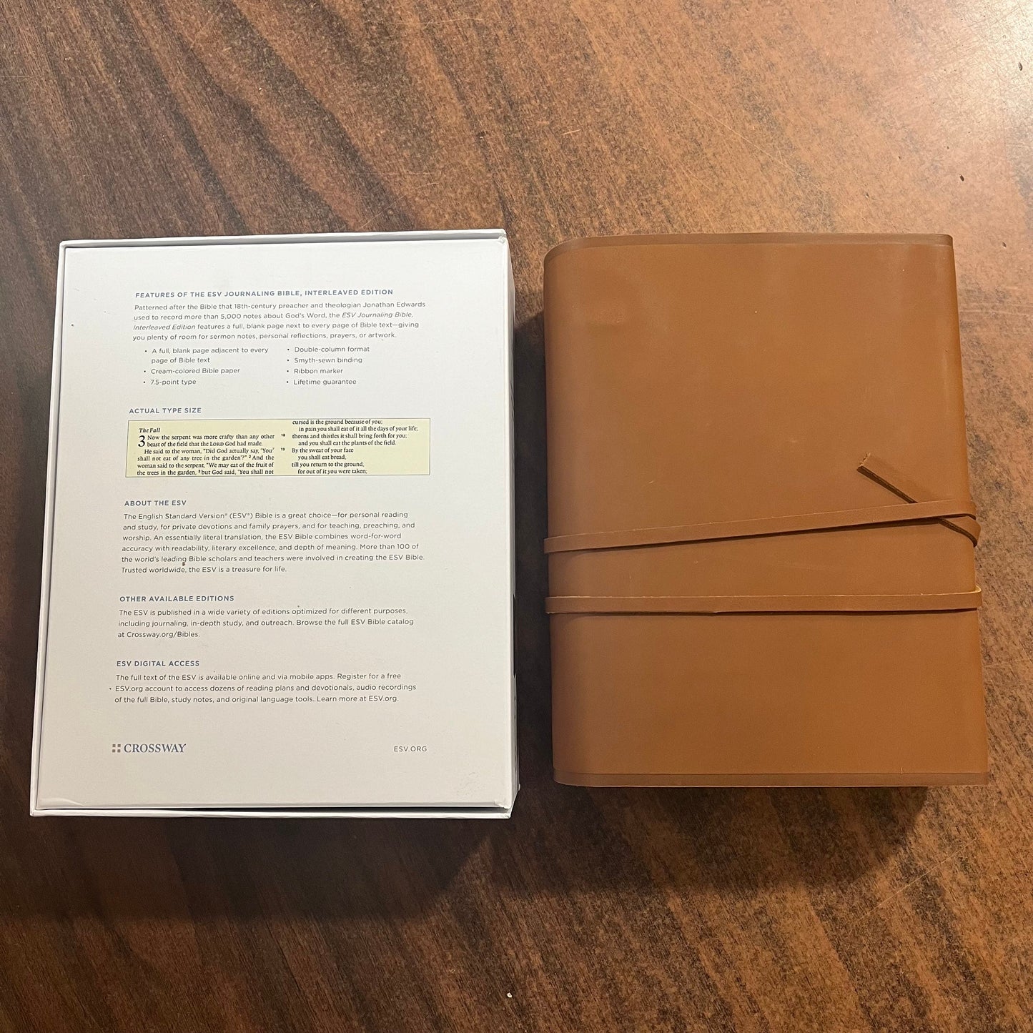 Personalized ESV Journaling Bible InterLeaved Edition - Brown Natural Genuine Leather with Flap Strap Custom Imprinted ISBN 9781433552762, 16spaces