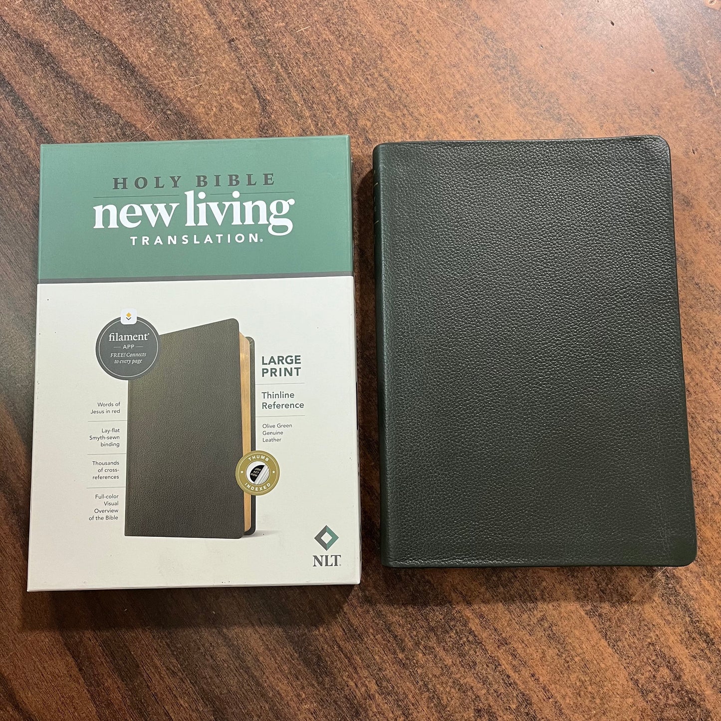 Personalized NLT Large Print Thinline Reference Bible Thumb Indexed - Olive Green Genuine Leather, Custom Imprinted with Name 9781496474186