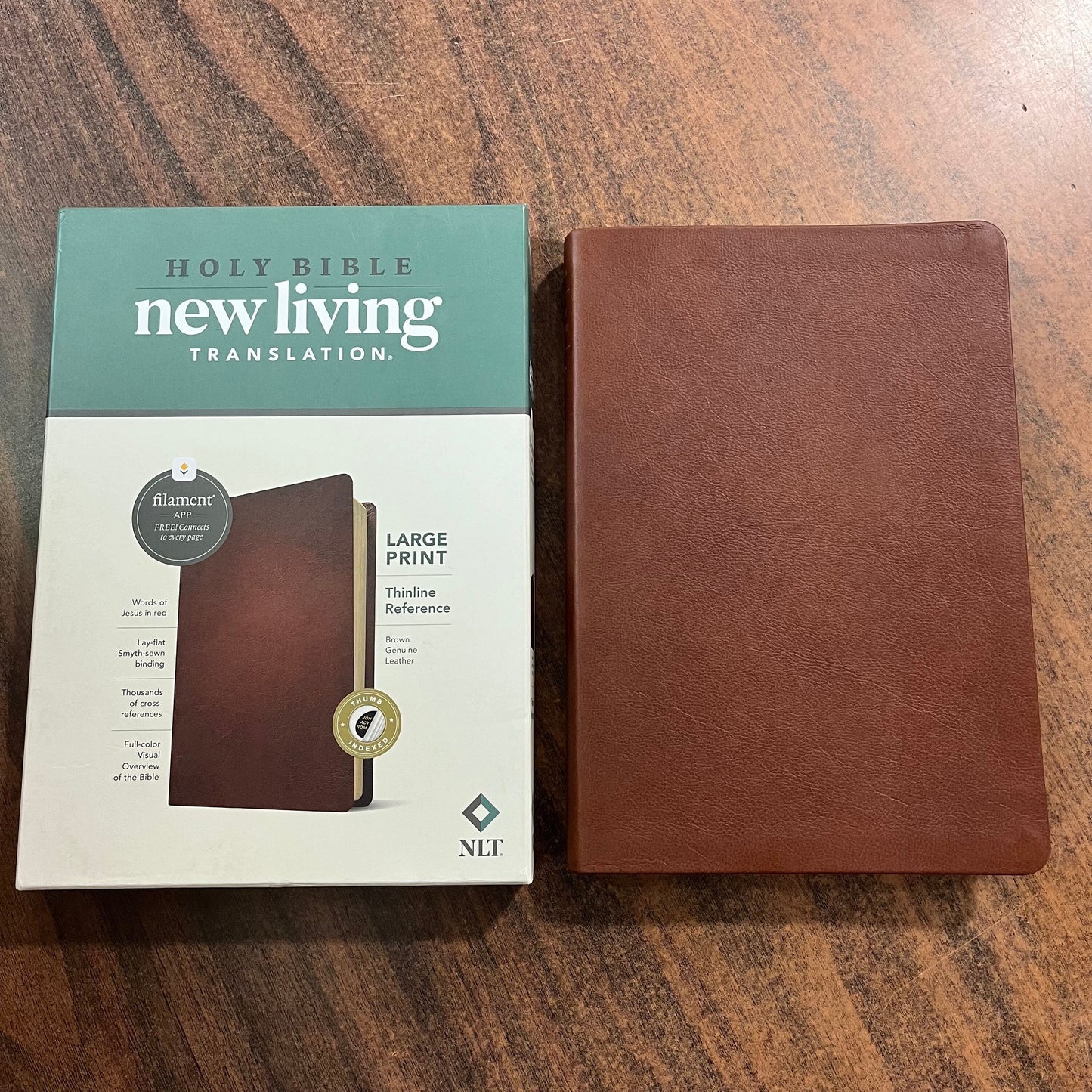Personalized NLT Large Print Thinline Reference Bible Thumb Indexed - Brown Genuine Leather, Custom Imprinted with Name 9781496474179