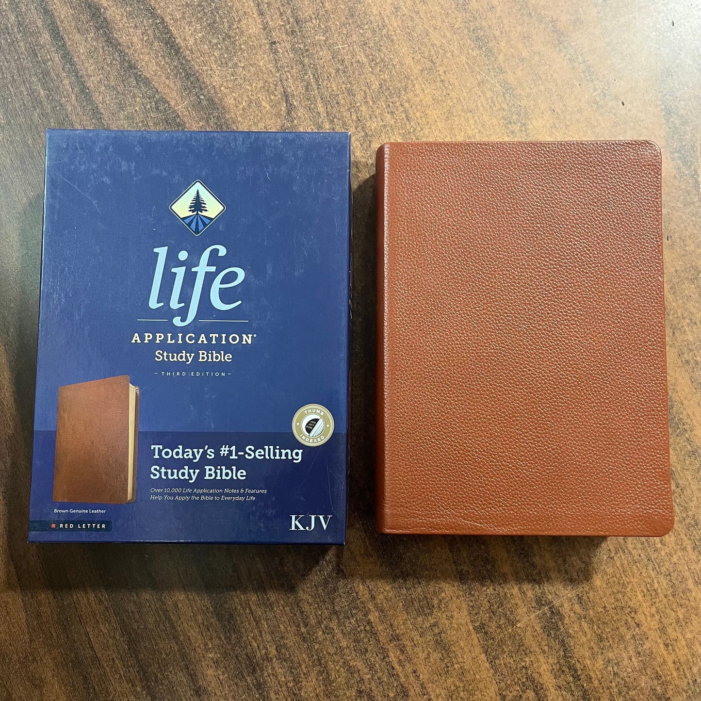 Personalized KJV Life Application Study Bible Thumb Indexed - Brown Genuine Leather - Custom Imprinted with name engraved 9781496477354
