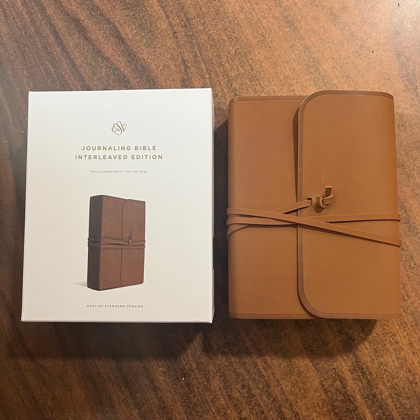 Personalized ESV Journaling Bible InterLeaved Edition - Brown Natural Genuine Leather with Flap Strap Custom Imprinted ISBN 9781433552762, 16spaces