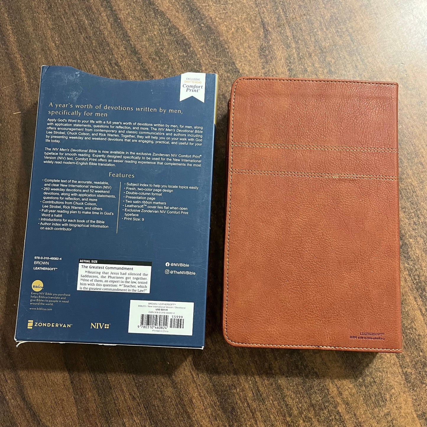 Personalized NIV Mens Devotional Bible - Brown LeatherSoft - Custom Imprinted, name engraved bible 9780310460824