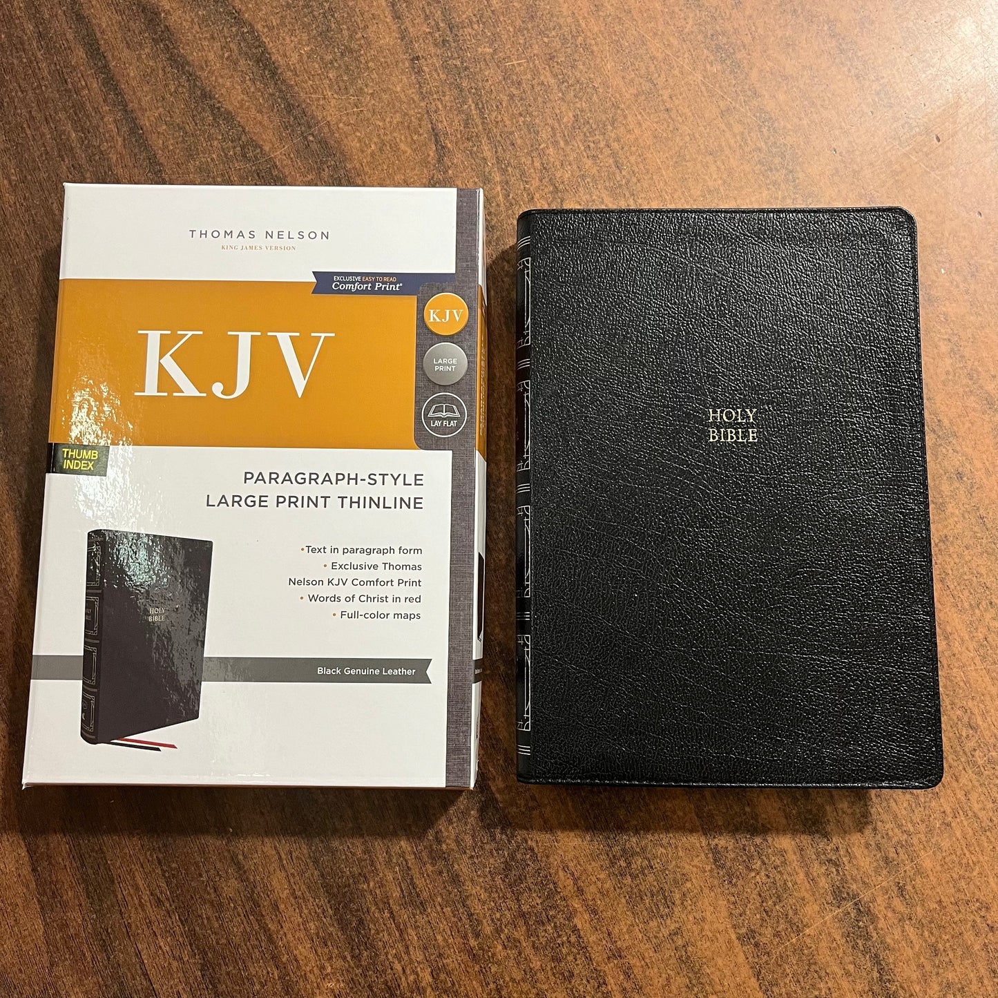 Personalized KJV Large Print Thinline Bible Thumb Indexed - Black Genuine Leather Cover - Custom Imprinted with name, Paragraph Style 9780785290360