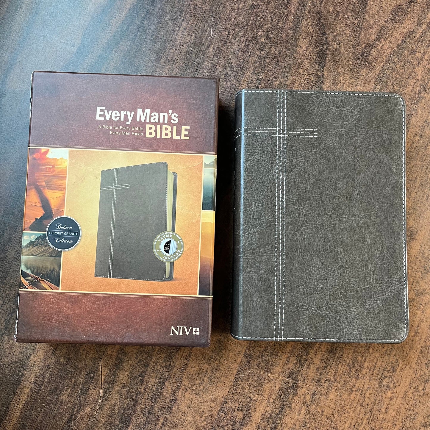 Personalized NIV Every Mans Devotional Bible Thumb Indexed - Granite LeatherLike - Custom Imprinted, name engraved bible, ISBN 9781496466310