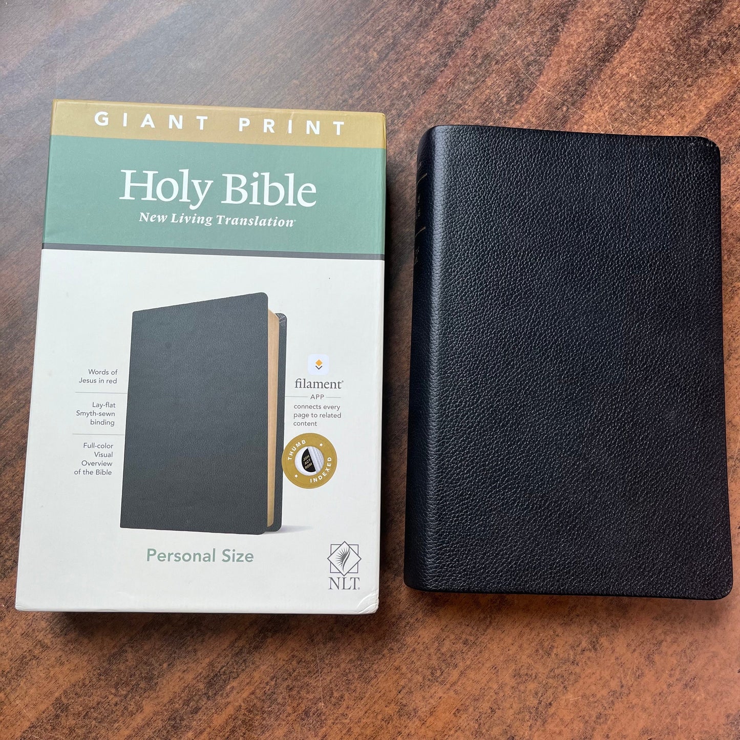 Personalized NLT Personal Size Giant Print Bible Thumb Indexed - Black Genuine Leather - Custom Imprinted with name engraved 9781496445308