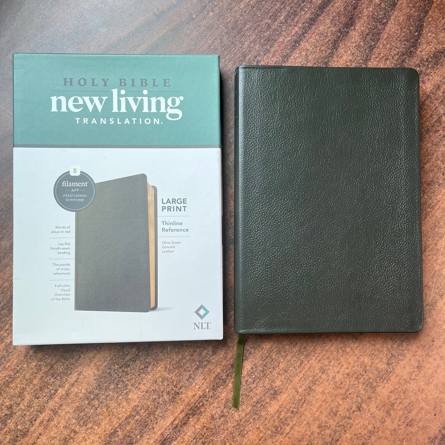 Personalized NLT Large Print Thinline Reference Bible - Olive Green Genuine Leather, Custom Imprinted with Name, ISBN 9781496474162