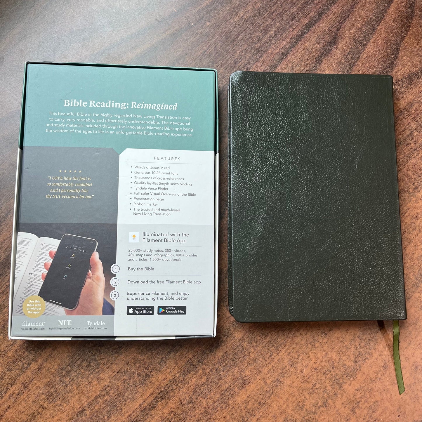 Personalized NLT Large Print Thinline Reference Bible - Olive Green Genuine Leather, Custom Imprinted with Name, ISBN 9781496474162