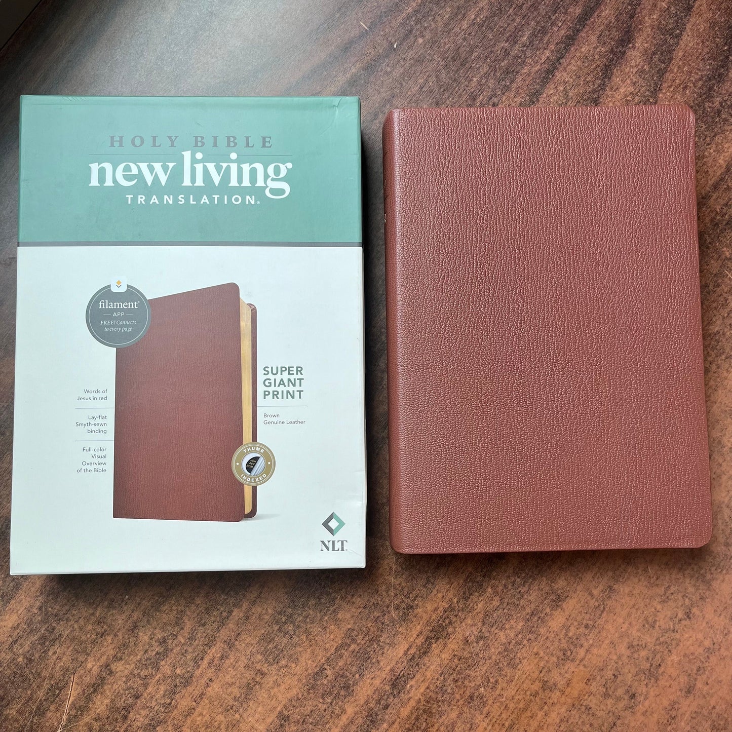 Personalized NLT Super Giant Print Bible Thumb Indexed - Brown Genuine Leather - Custom Imprinted with name, ISBN 9781496474308