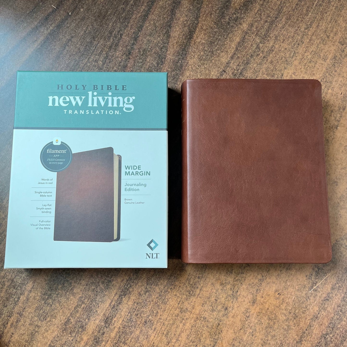Personalized NLT Wide Margin Bible Journaling Edition - Brown Genuine Leather - Custom Imprinted with name, Single Column 9781496474193