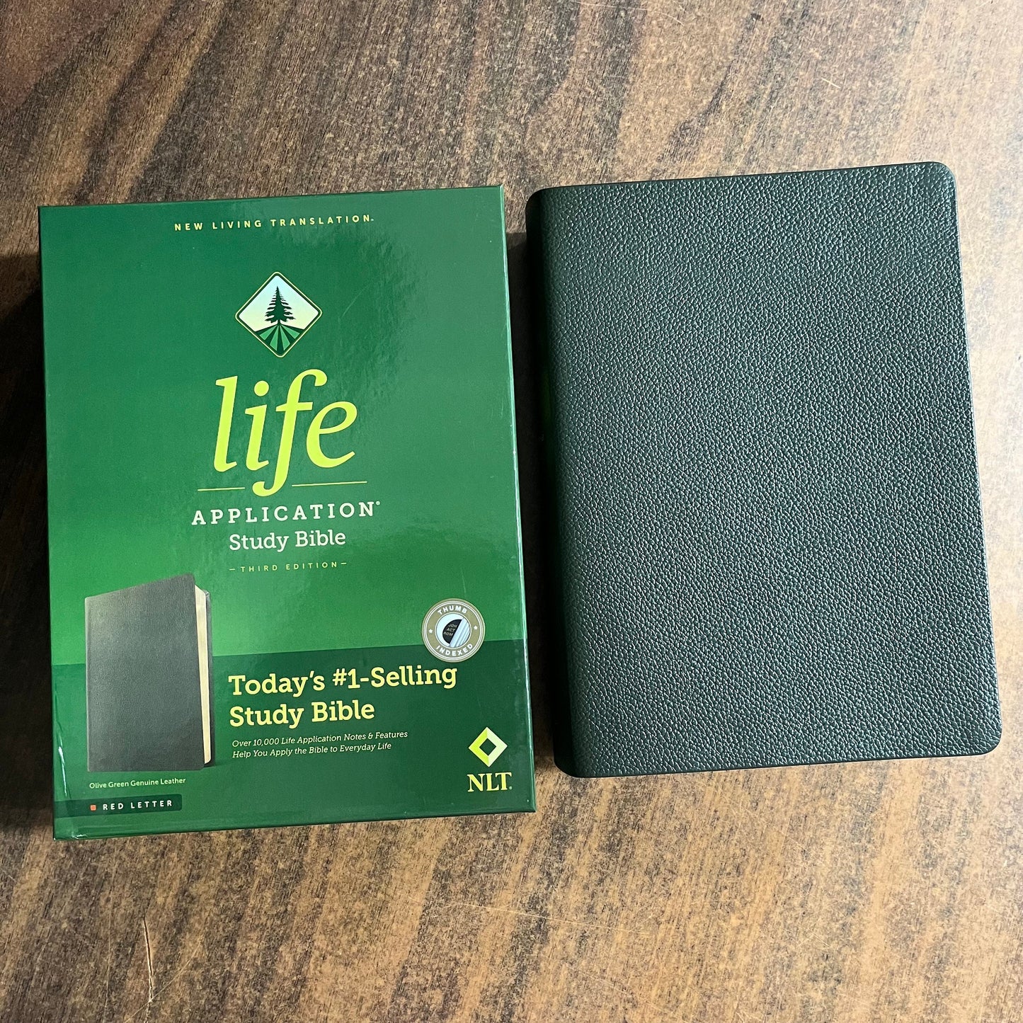 Personalized NLT Life Application Study Bible Thumb Indexed - Olive Green Genuine Leather - Custom Imprinted with a name ISBN 9781496479013