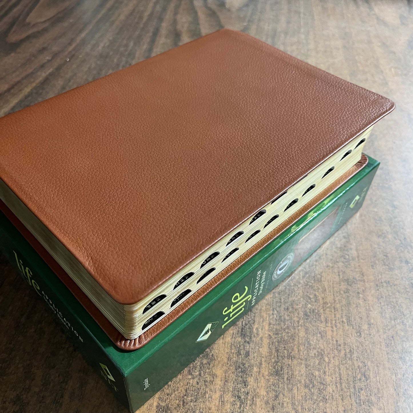 Personalized NLT Life Application Study Bible Thumb Indexed - Brown Genuine Leather - Custom Imprinted with a name ISBN 9781496479037