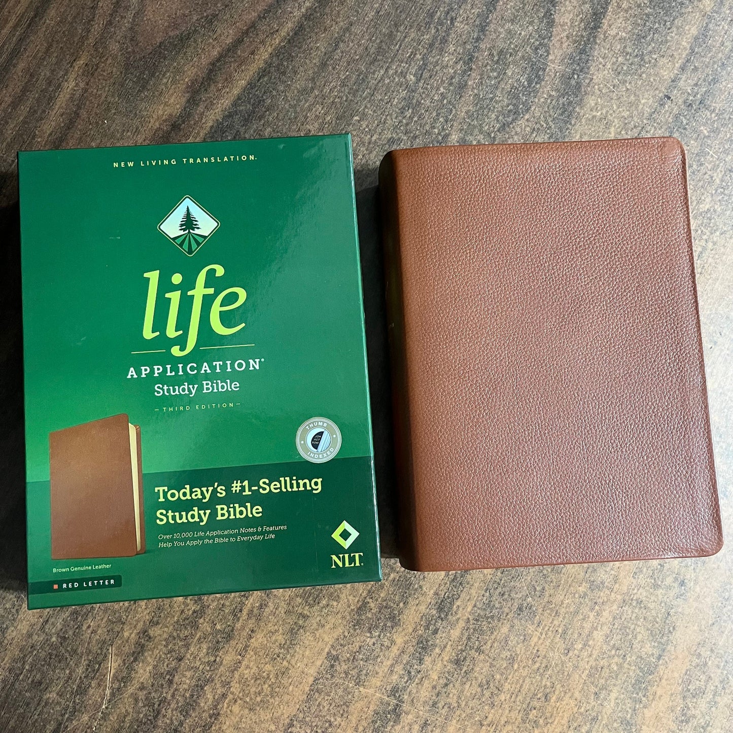 Personalized NLT Life Application Study Bible Thumb Indexed - Brown Genuine Leather - Custom Imprinted with a name ISBN 9781496479037