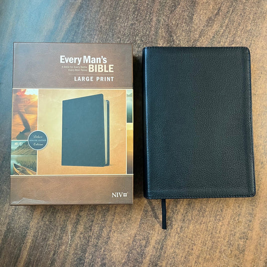 Personalized NIV Large Print Every Mans Devotional Bible - Black Genuine Leather - Custom Imprinted, name engraved bible 9781496447968