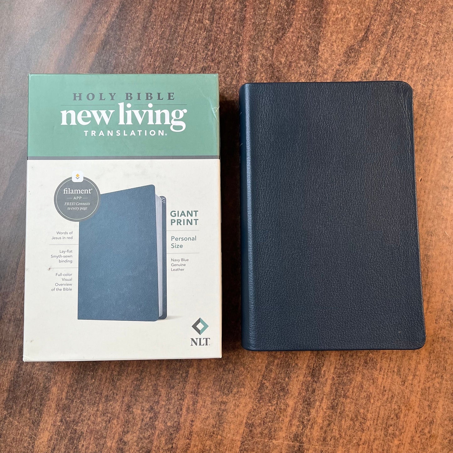Personalized NLT Personal Size Giant Print Bible - Navy Blue Genuine Leather - Custom Imprinted with name engraved, 9781496474247