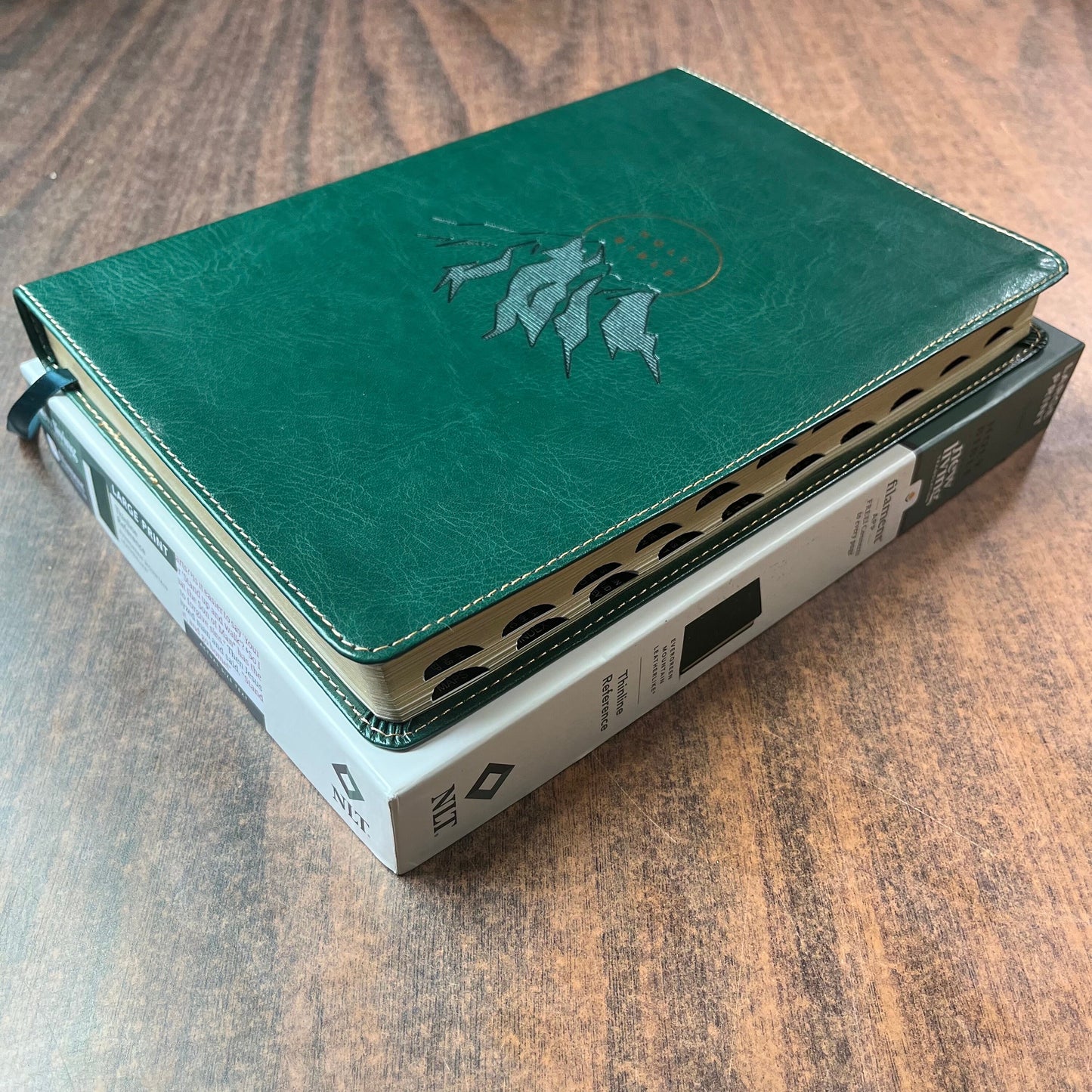 Personalized NLT Large Print Thinline Reference Bible Thumb Indexed - Evergreen Mountain LeatherLike, Custom Imprinted with Name NLT Emossed 9781496466297