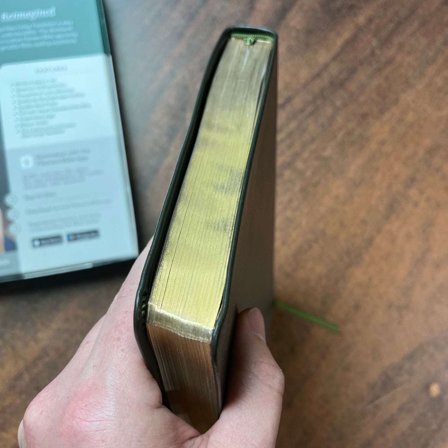 Personalized NLT Large Print Thinline Reference Bible - Olive Green Genuine Leather, Custom Imprinted with Name, ISBN 9781496474162
