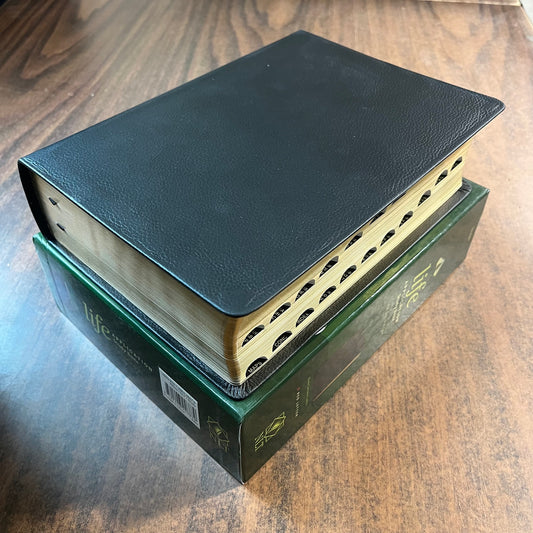 Personalized NLT Large Print Life Application Study Bible Thumb Indexed - Black Genuine Leather - Custom Imprinted with a name 9781496446879