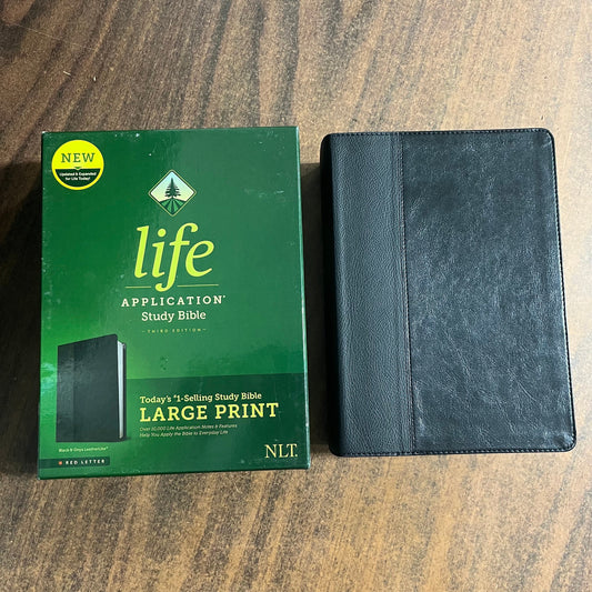 Personalized NLT Large Print Life Application Study Bible - Black / Onyx LeatherLike - Custom Imprinted with name, ISBN 9781496439376