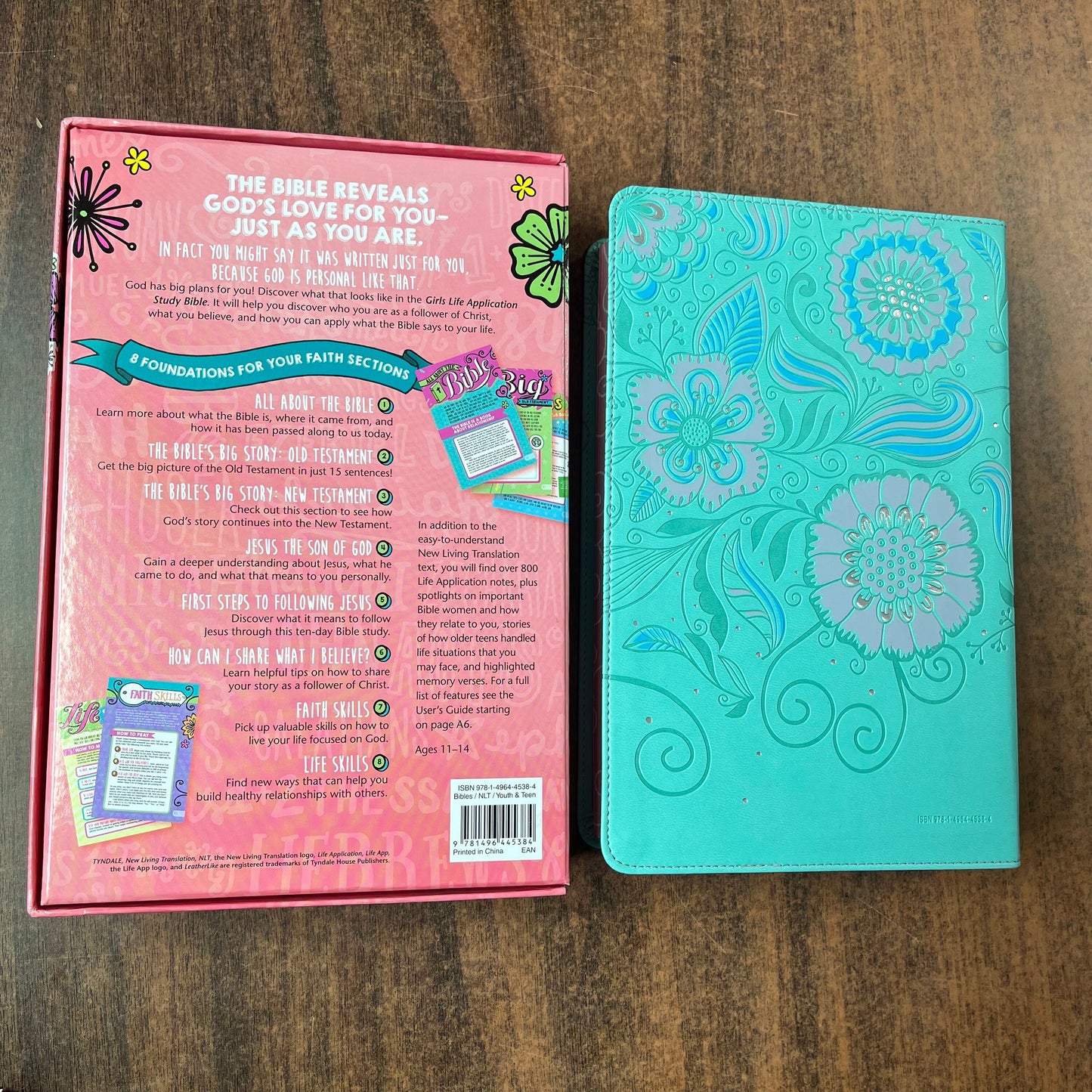 Personalized NLT Girls Life Application Study Bible - SeaFoam Teal with Pink Flowers LeatherLike, Custom Imprinted, Ages 11-14 9781496445384