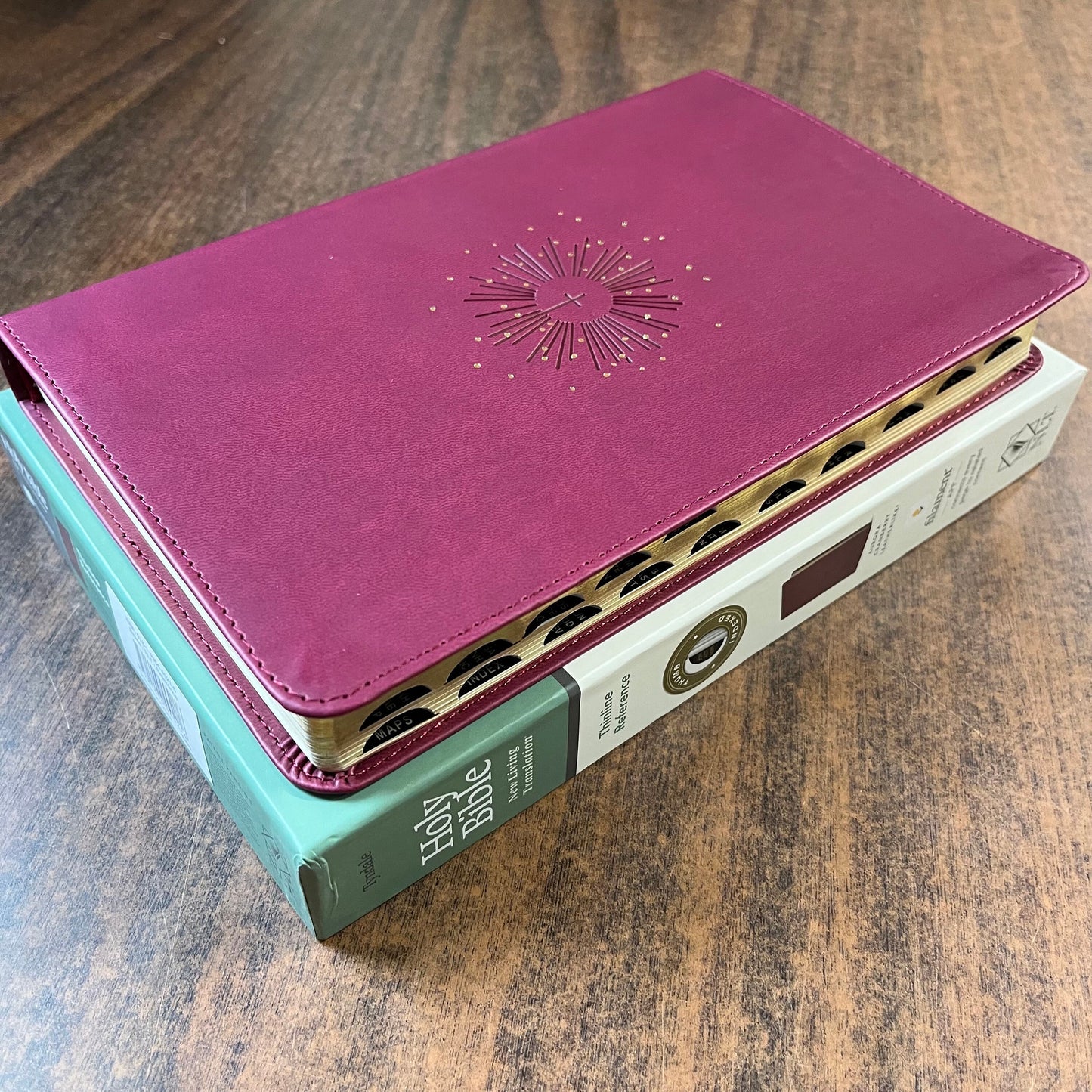 Personalized NLT Thinline Reference Bible Thumb Indexed - Aurora Cranberry LeatherLike - Custom Imprinted with name 9781496445216