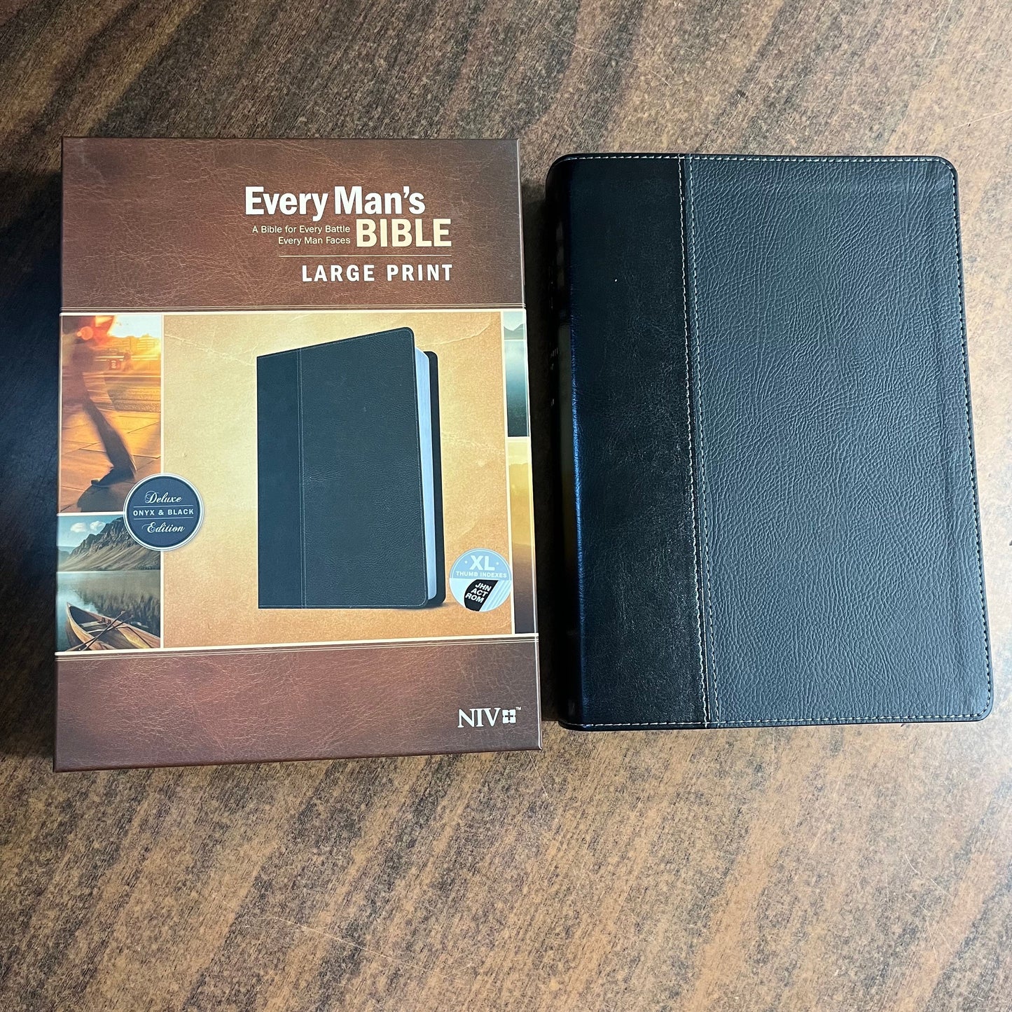 Personalized Mens Bible, NIV Large Print Every Mans Devotional Bible Thumb Indexed - Black /Onyx LeatherLike -Custom Imprinted name engraved 9781496433541
