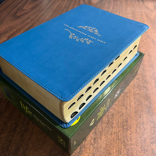Personalized NLT Large Print Life Application Study Bible Thumb Indexed - Teal Blue LeatherLike - Custom Imprinted with name engraved - Tabs 9781496439369