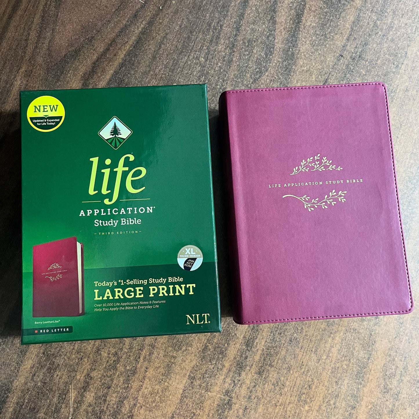 Personalized NLT Large Print Life Application Study Bible Thumb Indexed - Berry LeatherLike - Custom Imprinted name engraved, 9781496446855