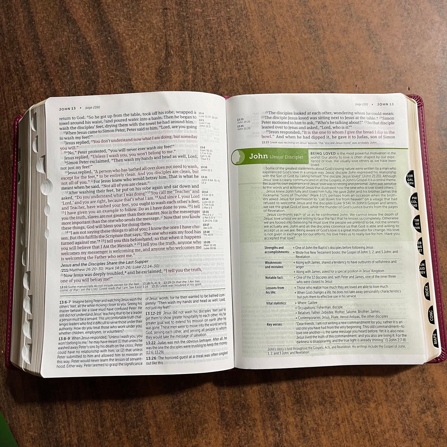Personalized NLT Large Print Life Application Study Bible Thumb Indexed - Berry LeatherLike - Custom Imprinted name engraved, 9781496446855