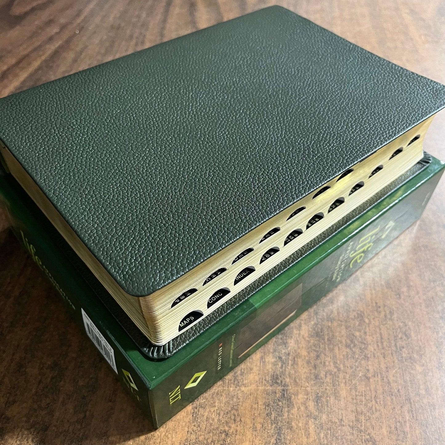 Personalized NLT Life Application Study Bible Thumb Indexed - Olive Green Genuine Leather - Custom Imprinted with a name ISBN 9781496479013