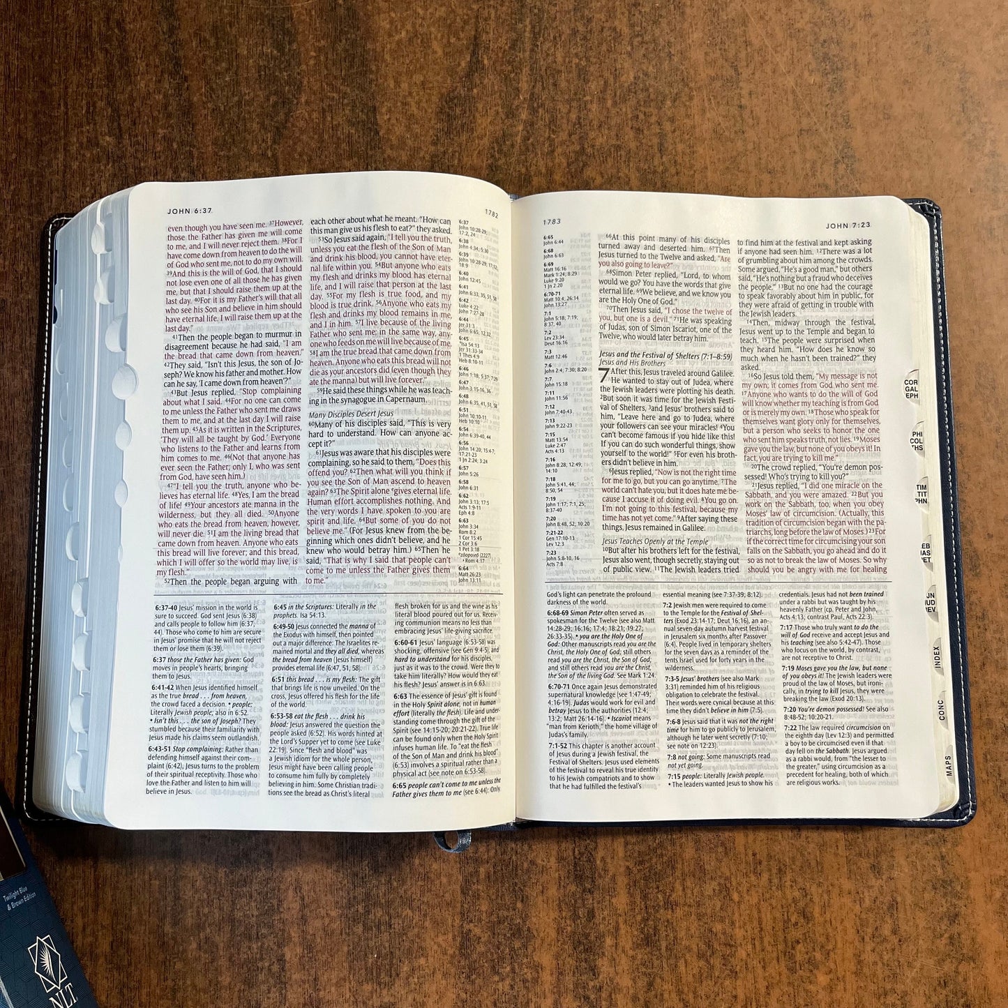 Personalized NLT Study Bible Thumb Indexed - Blue / Brown LeatherLike - Custom Imprinted with a name, ISBN 9781496416698 - Blue Box 16spaces