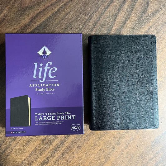 Personalized NKJV Large Print Life Application Study Bible - Black Bonded Leather - Custom Imprinted with name engraved, ISBN 9781496452092