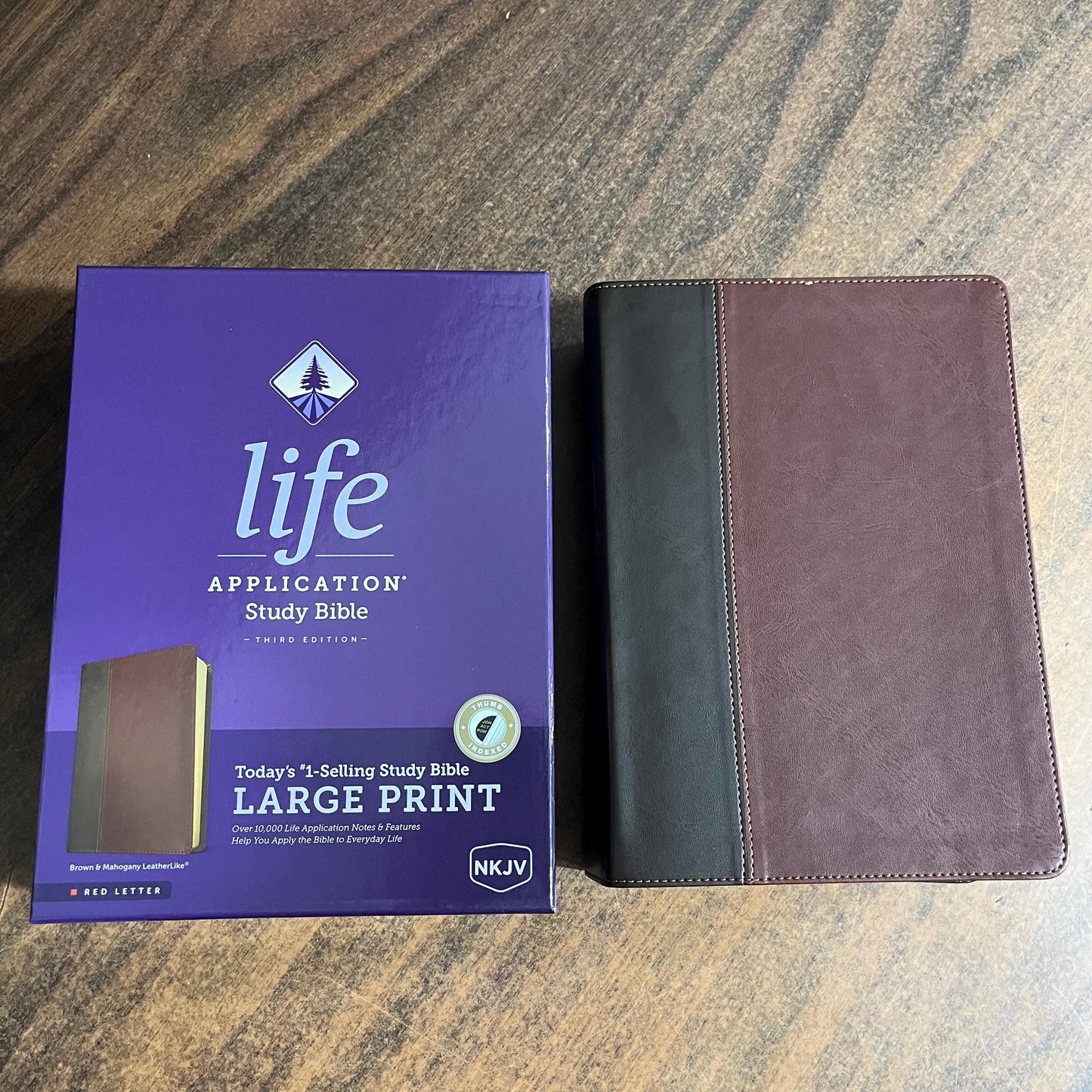 Personalized NKJV Large Print Life Application Study Bible Thumb Indexed - Brown / Mahogany LeatherLike -Custom Imprinted with name engraved 9781496452061