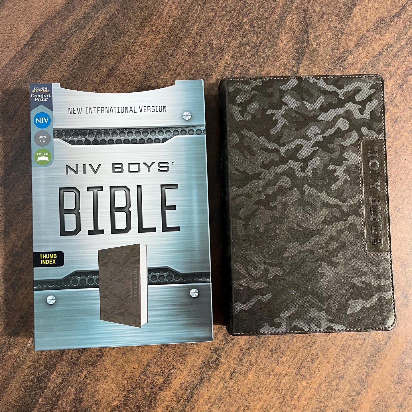 Personalized NIV Boys Bible Thumb Indexed - Brown Camo LeatherSoft - Custom Imprinted with a name, ages 8-12, 9780310462149