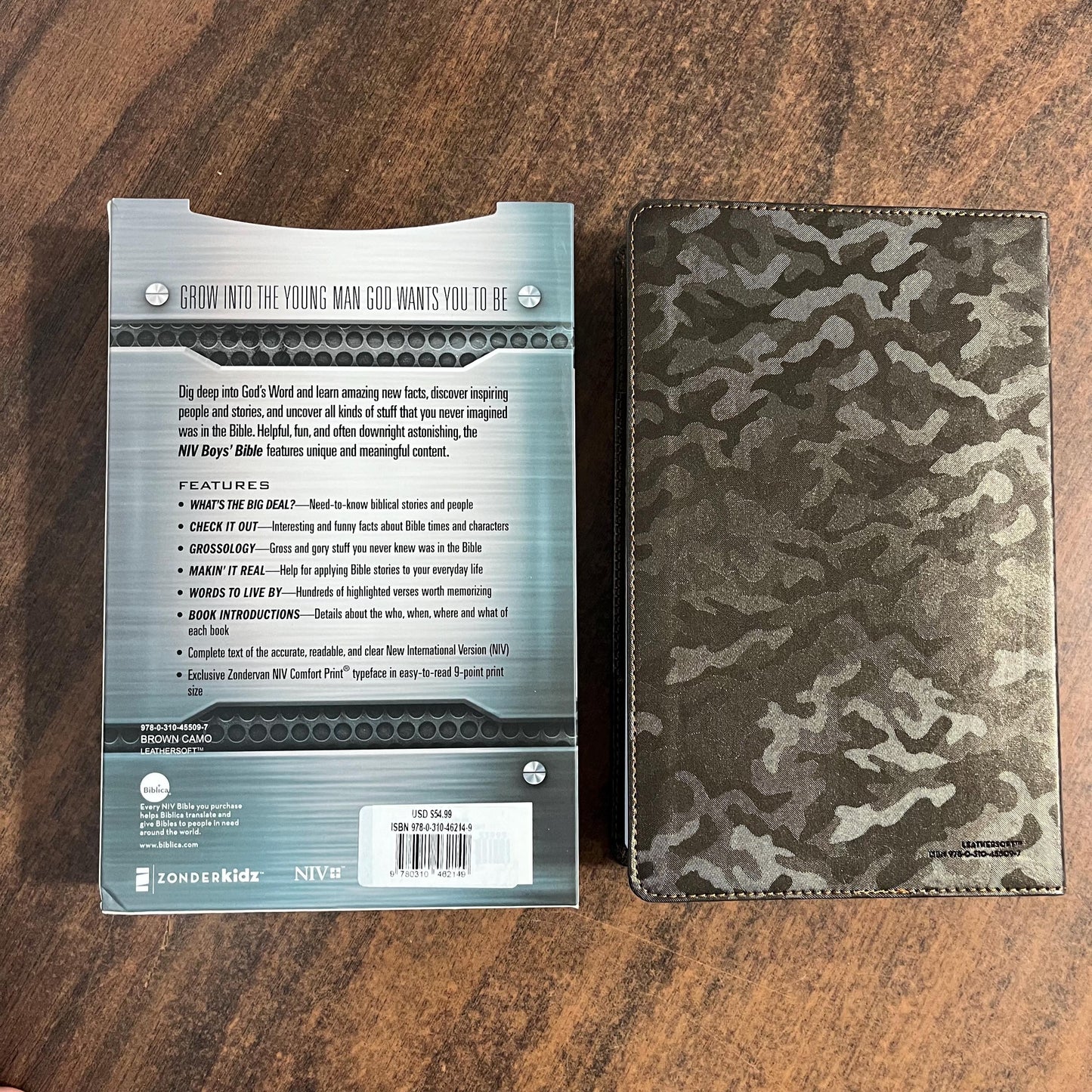 Personalized NIV Boys Bible Thumb Indexed - Brown Camo LeatherSoft - Custom Imprinted with a name, ages 8-12, 9780310462149