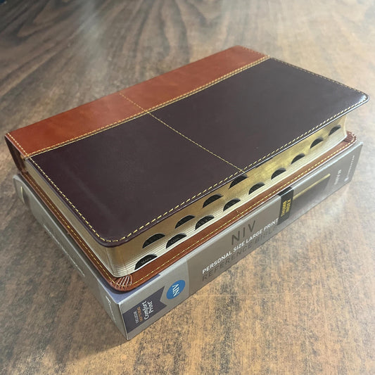 Personalized NIV Large Print Personal Size Reference Bible Thumb Indexed - Tan / Dark Brown LeatherSoft - Custom Imprinted with name 9780310449737 20spaces