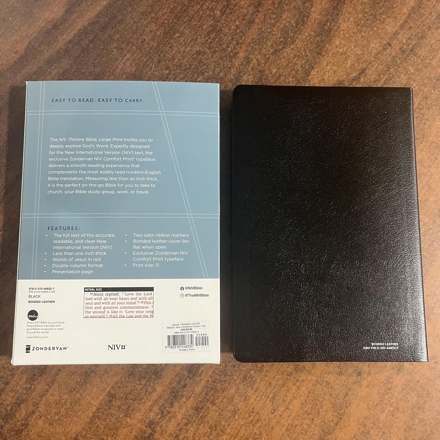 Personalized NIV Large Print Thinline Bible Thumb Indexed - Black Bonded Leather - Custom Imprinted with a name - 9780310448334