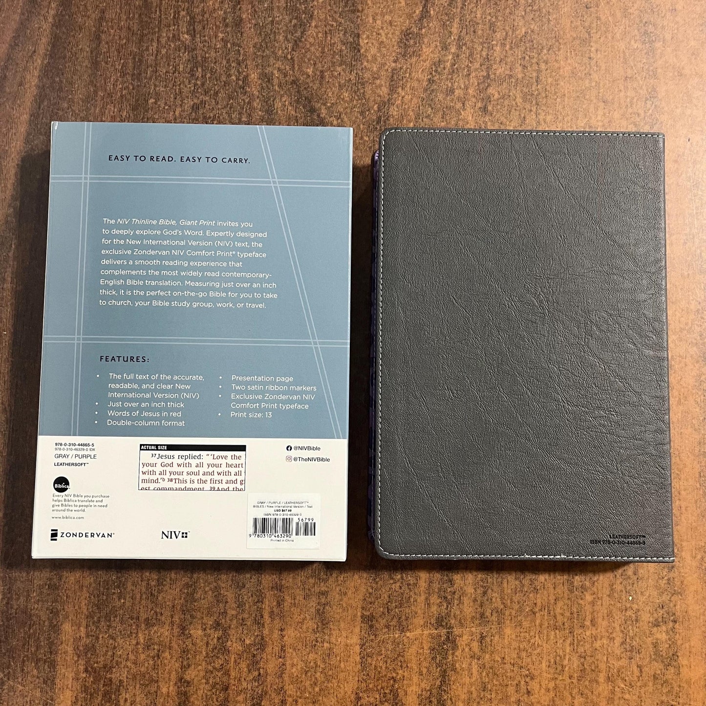 Personalized NIV Giant Print Thinline Bible Thumb Indexed - Gray / Purple LeatherSoft Cover, Custom Imprinted with Name, 9780310463290