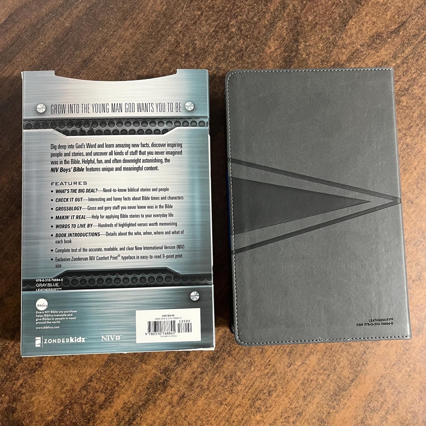 Personalized NIV Boys Bible -Gray / Blue LeatherSoft - Custom Imprinted with a name - 9780310768845, Ages 8-12